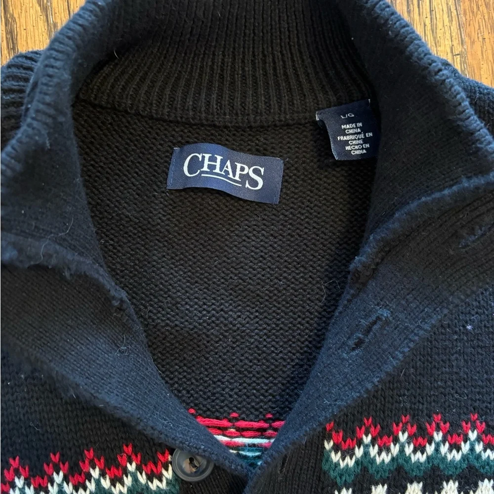 Chaps Navy Fair Isle Zip-Up Shawl Collar Sweater with Red Accents - Picture 2 of 4